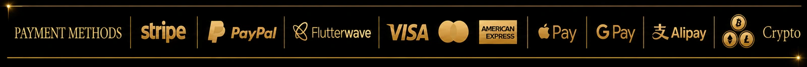 Payment methods accepted: Stripe, PayPal, Flutterwave, Visa, Mastercard, American Express, Apple Pay, G Pay, Alipay and cryptocurrency.